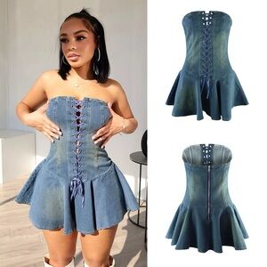Lace Up Front Denim Tube Mini Dress